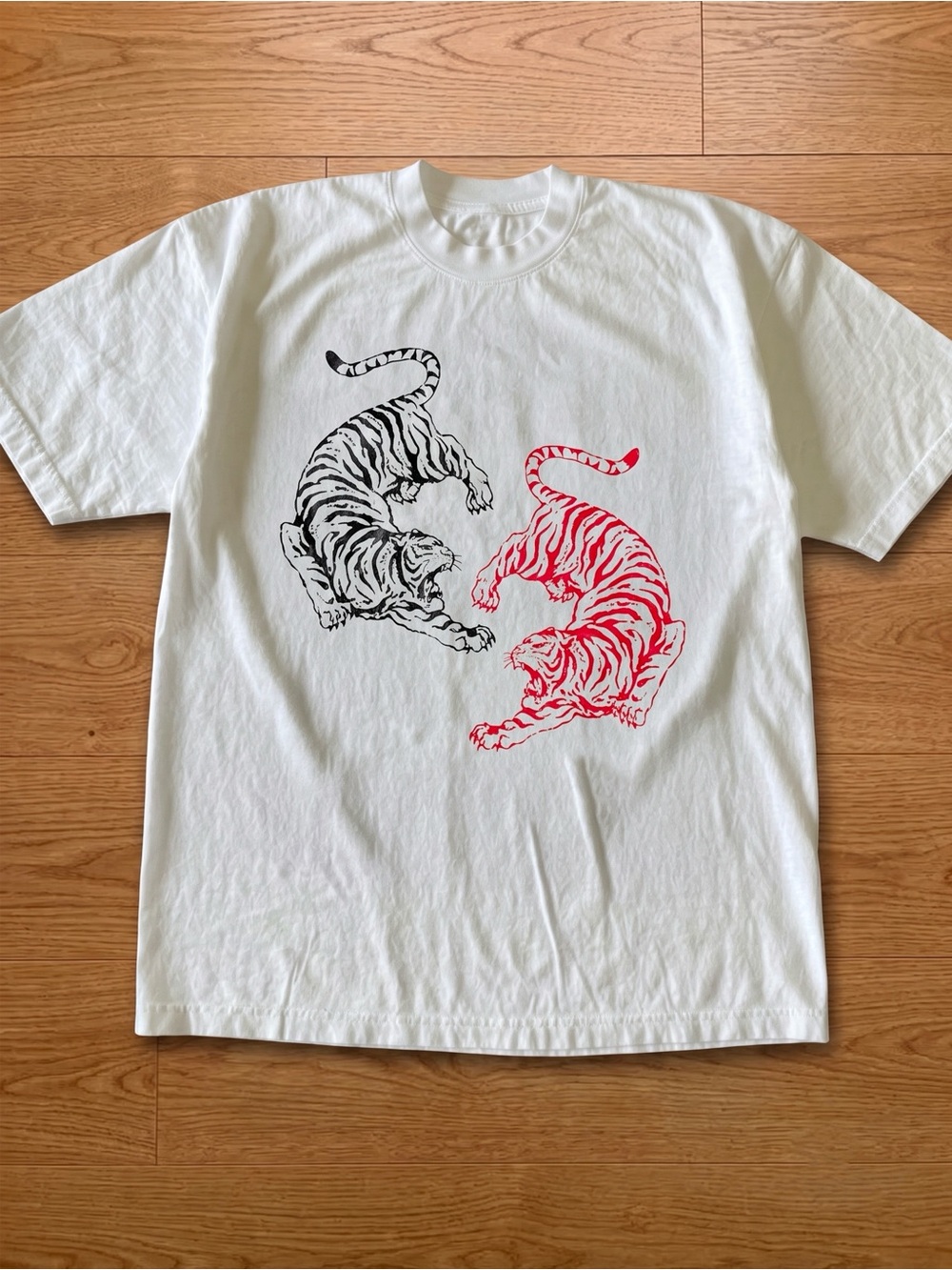 Yin Yang Twin Tigers Red & Black Tattoo Style White Graphic T-Shirt